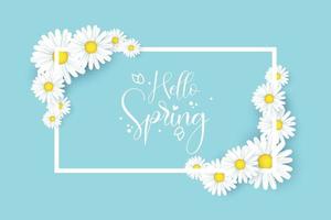 Hello Spring Vector Design with 3D Realistic Fresh Plants and Flowers Elements for Spring Season. Vector Illustration.