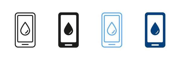 Water Drink Reminder Silhouette and Line Icon Set. App of Daily Water Tracker for Mobile Phone. Smartphone with Application for Reminding Drink Dose. Water Planner Sign. Vector Isolated Illustration.