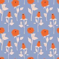 Vector seamless pattern with orange roses on a blue background. Repeating prints with stylized flowers.