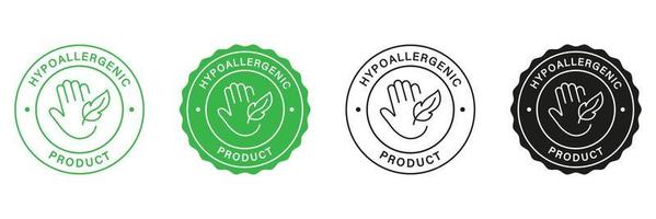 hipoalergénico producto sello colocar. verde y negro etiquetas hipoalergénico la seguridad para productos cosméticos. alergeno gratis pegatinas mano y pluma icono. aprobado materiales aislado vector ilustraciones.