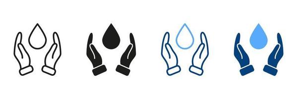 Hand Protecting Water Silhouette and Line Icon Set. Two Hand and Drop Icon. Save and Protection of Water. Sign Collection about Ecology Conservation. Isolated Vector illustration.