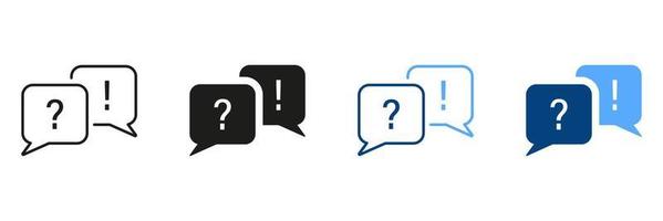 Information FAQ Pictogram. Exclamation Mark and Question Mark on Speech Bubble Line and Silhouette Icon Set. Dialog Talk, Discussion Ask and Answer Sign Collection. Isolated Vector Illustration.