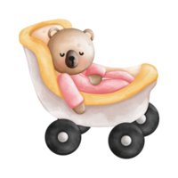 Watercolor Cute Baby Bear Sleep on Baby Stroller, Baby Girl Bear, Mother's Day Element, Hand Drawn Illustration png