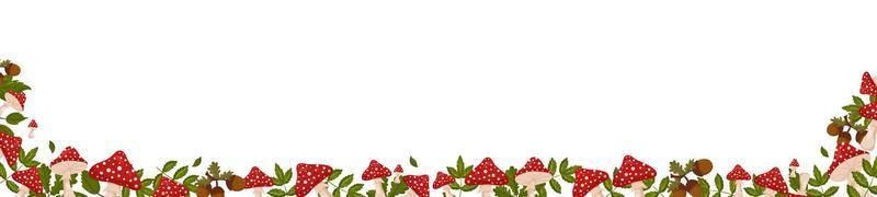 Spring horizontal frame with mushrooms, fly agarics, acorns and leaves. Autumn vector banner