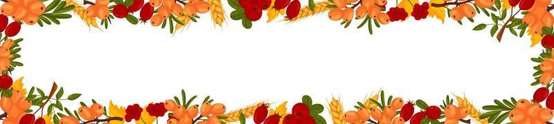 Spring horizontal border with sea buckthorn berries, rosehip, cranberries, wheat branches and leaves. Summer vector banner