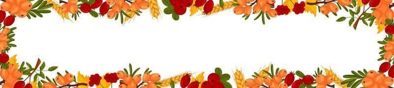 Spring horizontal border with sea buckthorn berries, rosehip, cranberries, wheat branches and leaves. Summer vector banner