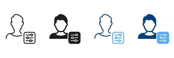 Profile User Settings Black and Color Pictogram. Account Settings Line and Silhouette Icon Set. Control Panel with Man Profile Symbol Collection. Isolated Vector Illustration.