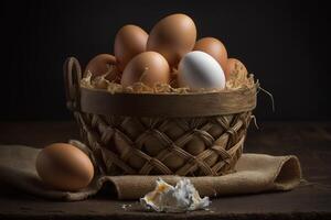 Chicken eggs in the basket background. photo