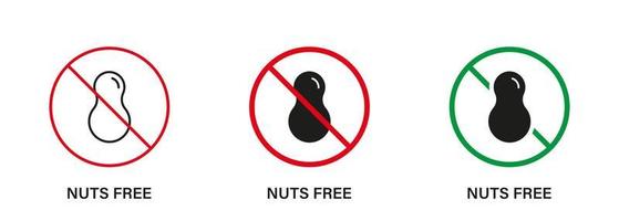 Nut Free Silhouette and Line Icon Set. Nuts Product Stop Sign. Peanuts Forbidden Symbol. Food Allergy on Peanut Logo. No Contain Peanut Label. Avoid Nuts in Food. Isolated Vector Illustration.