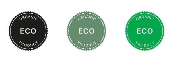 Eco Organic Product Green and Black Stamp Set. Bio Fresh Vegetarian Eco Food Sticker. Ecology Ingredients Quality Label. Healthy Eco Food Symbol. Nature Guarantee Logo. Isolated Vector Illustration.
