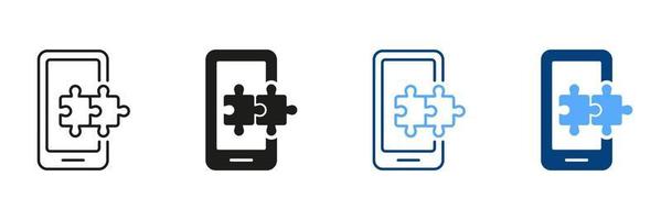 Mobile Phone with Puzzle Line and Silhouette Icon Set. Jigsaw in Smartphone Mobile App Pictogram. Digital Game in Cell Phone Sign. Puzzle Application Symbol Collection. Isolated Vector Illustration.