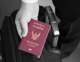 Hand holding Thai passport, ready to travel photo