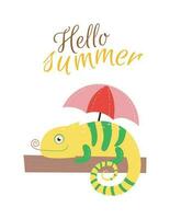 Illustration with a chameleon under a beach umbrella and the inscription hello summer. Print chameleon with a beach umbrella, text hello summer vector