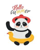 Illustration of an animal panda with a swimming ring and the inscription hello summer. Print panda with duck swimming circle and text hello summer. vector