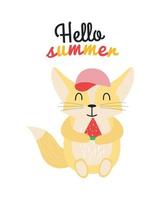 Illustration of an animal Fenech in a cap with a watermelon in its paws and the inscription hello summer. Print Fenech in a cap, holds a watermelon in his paws, the text hello summer vector