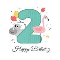 Vector illustration happy birthday card with number two, rhinoceros animal and flamingo bird, gifts, balloons, hearts, asterisks, holiday cake. Greeting card with the inscription happy birthday