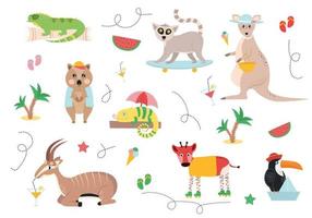 Illustration of animals on a summer vacation. Antelope drinks a drink, rolls of okapi, a toucan in a hat on a paper boat, a chameleon on a log under an umbrella, a crook in a shirt and a cap vector