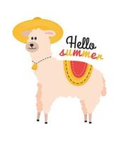 Illustration of animal alpaca in sombrero, with a bell and a cape, the inscription hello summer. Print alpaca character in a hat with a bell on his neck and the text hello summer. vector