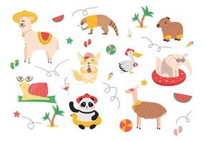 Illustration of animals on a summer vacation. A snail with glasses on the rug, a llama in a hat, a panda in a hat with a rubber ring, a guanaco with a ball, an anteater with a swimming circle vector