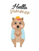 Illustration with a quokka animal in a shirt and cap and the inscription hello summer. Print animal quocca in clothes, with a headdress, text hello summer vector