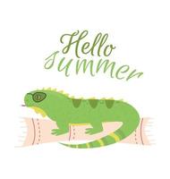 Illustration with iguana lizard with glasses on the rug and the inscription hello summer. Hello summer print with iguana reptile on a rug vector