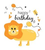 Illustration with a lion and the inscription happy birthday. Greeting card with a lion, gift box, balloon and the inscription. Happy birthday card with a lion, gifts, balloons vector