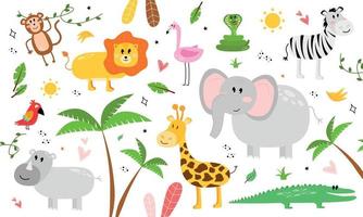 ilustración con africano animales ilustración con un cebra, rinoceronte, flamenco, cocodrilo, elefante, serpiente, león, loro, mono, jirafa. vector