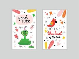 Set of cards with a snake and a parrot. Illustration with a snake and the inscription good luck. Greeting card with a snake and the inscription good luck. Greeting card with a happy birthday parrot. vector