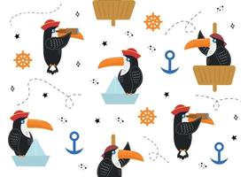 Seamless pattern with toucan. Vector illustration with toucan bird, paper boat, anchor, spyglass, steering wheel