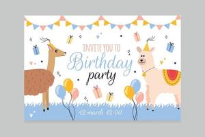 Vector illustration invitation card with guanaco and alpaca animals in holiday caps, gift boxes, holiday pennants, balloons, invitation you to birthday party lettering, hearts, stars, doodle