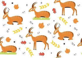 Seamless pattern with antelope. Vector illustration with animal antelope, plant leaves, star, doodle