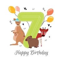 Vector illustration happy birthday card with number seven, kangaroo animals in a hat with a baby kangaroo, capybara, okapi, balloons, hearts, asterisks. Greeting card happy birthday