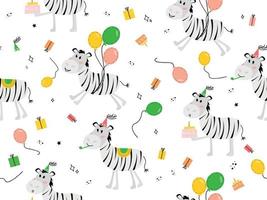 Seamless pattern with animal zebra. Vector illustration with a zebra in a festive cap, balloons, cake, gift