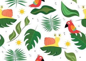 Seamless pattern with a parrot and a snail. Vector illustration with parrot bird, snail, leaves, sun, star, doodle