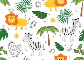 Seamless pattern with zebra and lion. Vector illustration with animals zebra, lion, leaves, palm, cactus, sun, star, doodle