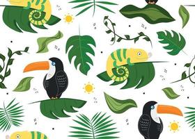 Vector illustration of seamless pattern with toucan bird and chameleon, sun, leaves, stars