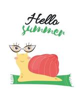 Illustration of a snail with glasses on the mat and the inscription hello summer. Print snail with glasses on the rug, text hello summer vector