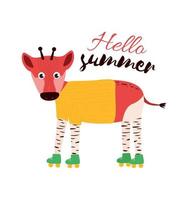 Illustration with an okapi animal in a t-shirt on roller and the inscription hello summer. Print hello summer and okapi in a t-shirt on rollerskates vector