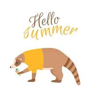 Illustration of an animal nosha in clothes with ice cream in its paw and the inscription hello summer. Print nosuha in a t-shirt with ice cream in the paw, text hello summer vector