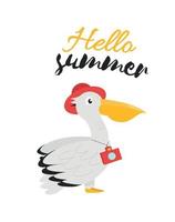 Illustration with a pelican bird in a hat with a camera on the neck and the inscription hello summer. A print with the words hello summer and a pelican in a hat with a camera vector