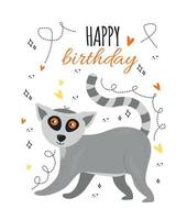 Illustration greeting card with lemur, hearts, doodle, happy birthday lettering. Greeting card vector