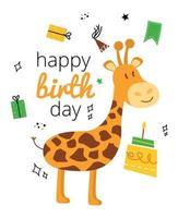 Illustration with giraffe, cake, gift, inscription happy birthday. Greeting card with a giraffe happy birthday with a holiday cap, gift, cake vector