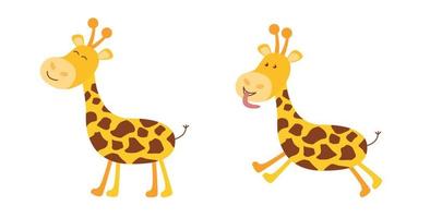 Two cheerful giraffes. Happy giraffe. The giraffe runs and sticks out its tongue. Two giraffes on a white background. Vector illustration