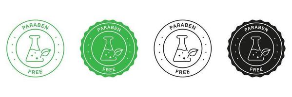 Free Paraben Stamp Set. Green and Black Labels for Plastic Free Eco Organic Cosmetics. Free of Paraben Stickers. Safe Goods, Free Of Chemical Preservatives. Isolated Vector Illustration.