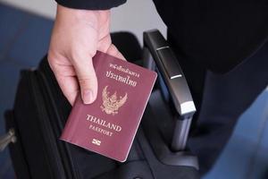 Hand holding Thai passport, ready to travel photo