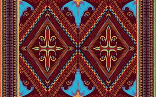 Ethnic folk geometric seamless pattern in dark red cyan and yellow tone in vector illustration design for fabric, mat, carpet, scarf, wrapping paper, tile and more