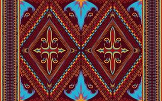 Ethnic folk geometric seamless pattern in dark red cyan and yellow tone in vector illustration design for fabric, mat, carpet, scarf, wrapping paper, tile and more