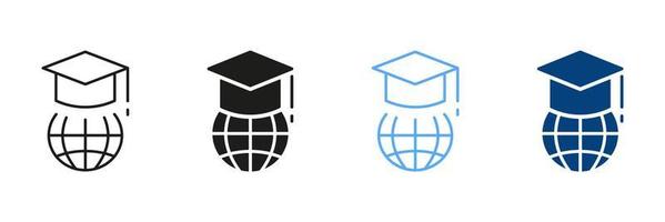 Education in Global World Silhouette and Line Icon Set. Graduation Cap and Online Education Color Sign Collection. Graduation Hat on Top of Globe. Student Cap Pictograms. Isolated Vector Illustration.