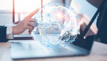 digital Internet network technology, IoT, digital software development, computer code, modern tech concept. Internet network with wireless connection, cloud computing, photo