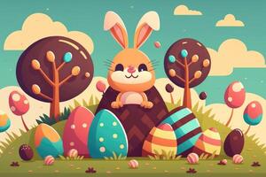Happy Bunny And Easter Eggs Cartoon. Easter Bunny, Easter Rabbit, Easter Hare Concept. photo